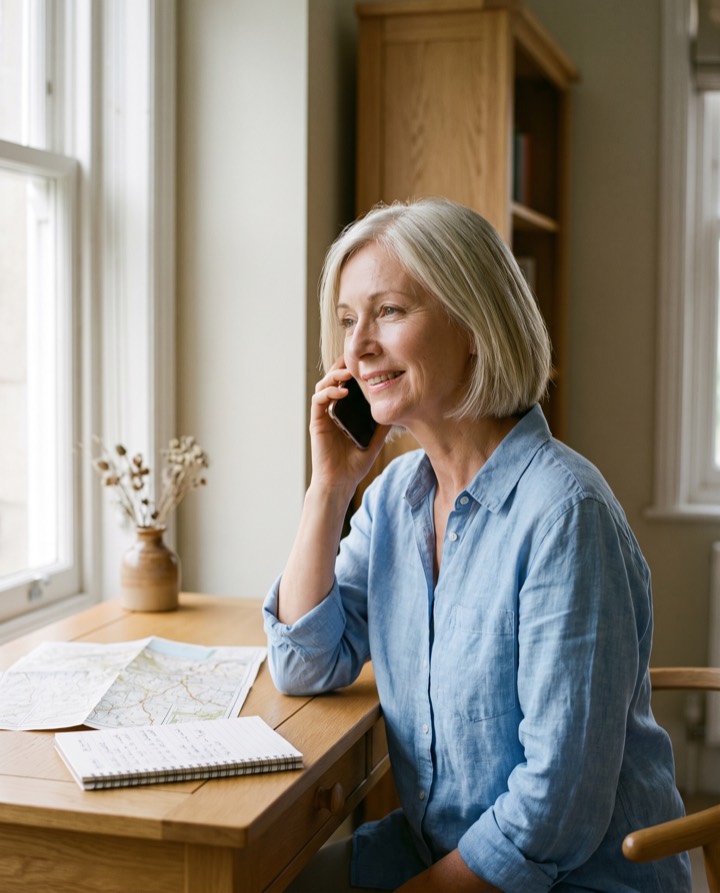 A travel adviser on the phone at her desk
